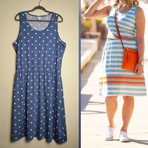 LuLaRoe 3XL Blue and White Polka Dot Midi Dress Sleeveless